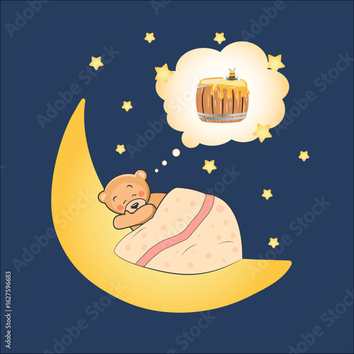 An illustartion of a bear sleeping on the moon and dreaming of honey.