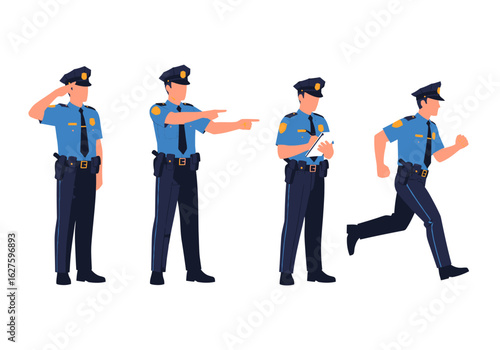 Police officer character set in various action poses. Male law enforcement agent in uniform saluting, pointing, writing, and running.