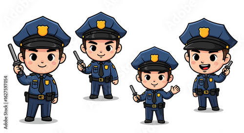 A cute cartoon police officer character collection in various poses. Set of law enforcement chibi mascots in uniform. Vector illustration.