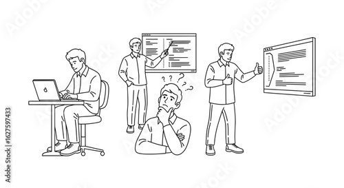 Business process concept with a character working on a computer, thinking, and presenting project stages. Outline vector.