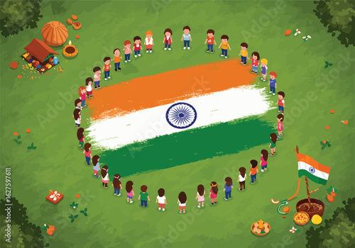Diverse children form a united circle around a vibrant Indian flag on a green lawn, celebrating national pride.