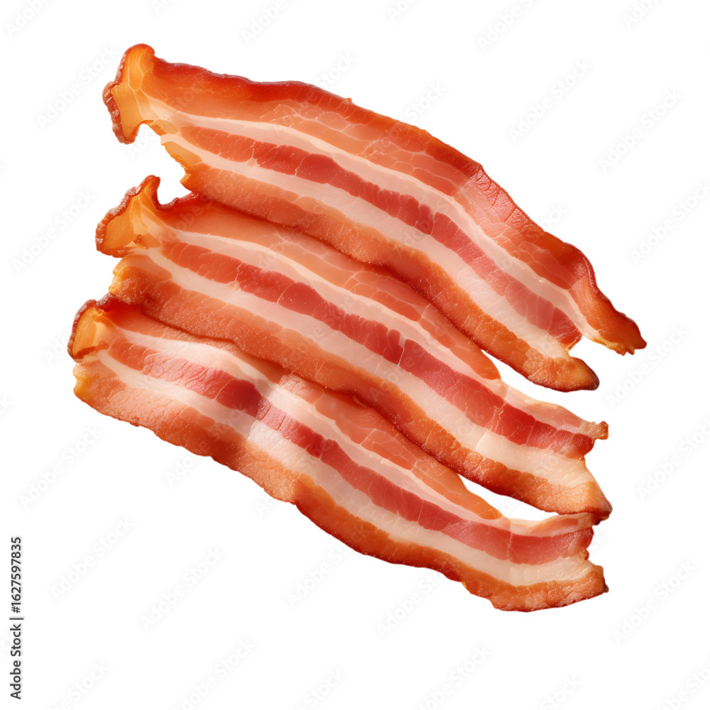 Obraz premium Three strips of cooked bacon on a plain black background view