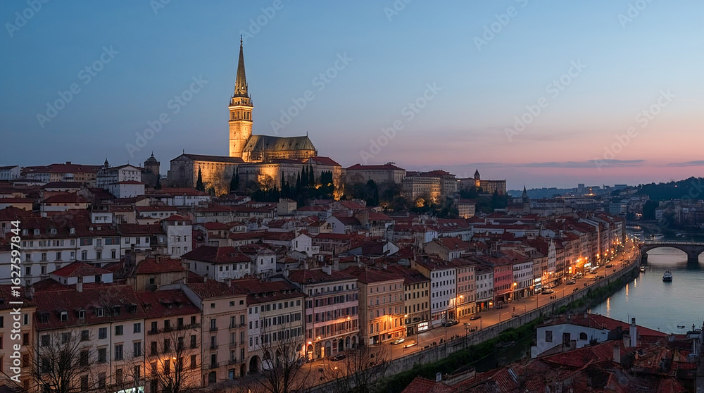 Fototapeta premium A picturesque city skyline at dusk, with a prominent illuminated cathedral tower against a soft pink and blue sky, overlooking a river and historic buildings.