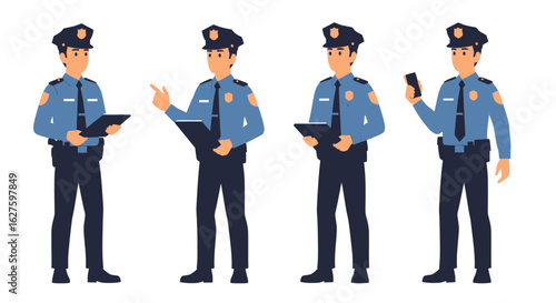 A collection of police officer character illustrations in various poses. A male policeman in a blue uniform is shown working with a clipboard and phone.