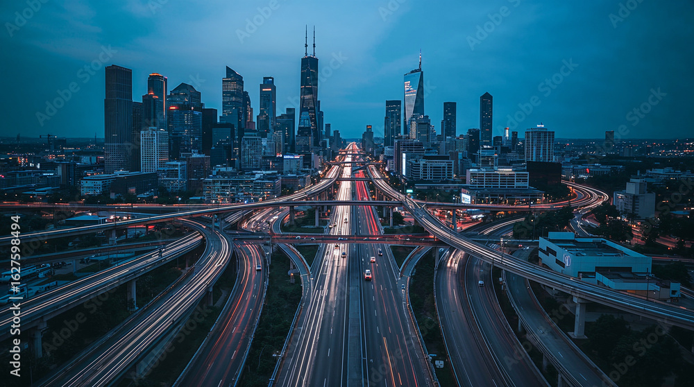 Fototapeta premium A stunning aerial view of a complex multi-level highway interchange in a city at dusk, with light trails from moving cars creating streaks of color against the twilight sky.