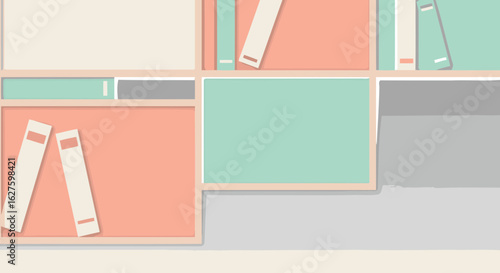 Empty bookshelves with pastel colored compartments. Books resting on a shelf in a muted color scheme. Abstract design of a library or study area -