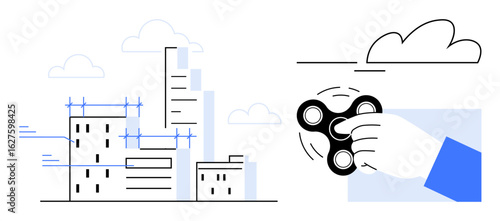 Hand holding a fidget spinner near clouds paired with outlined urban buildings under construction. Ideal for productivity, creativity, focus, mindfulness, stress relief, urban planning, modern life