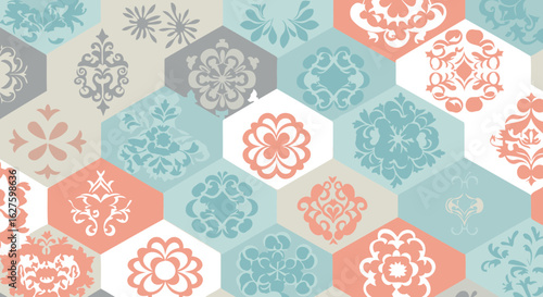 Hexagonal patterned tiles with decorative floral designs in pastel colors. Geometric pattern with varied shades of peach, light blue, and grey, creating a visually appealing and elegant design.