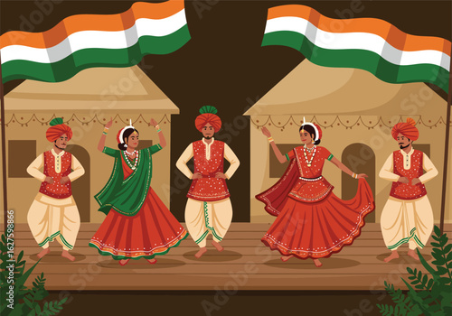 Five people in vibrant traditional Indian attire performing a cultural folk dance on a stage with national flags and huts.