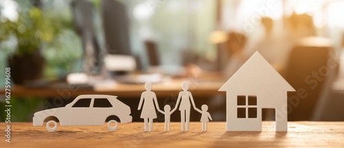 The paper family, car, and house representing financial security and dreams.