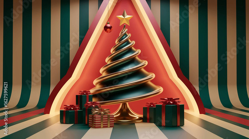 A festive and modern holiday scene with a spiral-shaped Christmas tree surrounded by wrapped presents against a retro, striped background