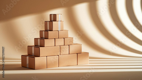 A neatly stacked pile of various-sized cardboard boxes on a clean white background, symbolizing logistics, shipping, delivery, and a new start