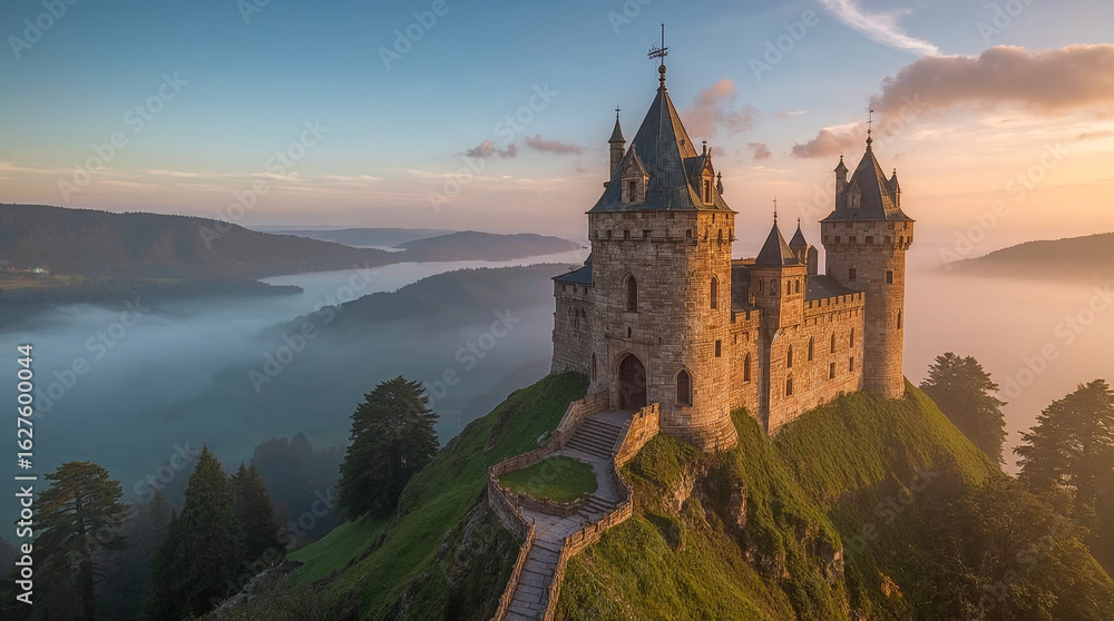 Fototapeta premium Majestic medieval castle perched on a grassy cliff overlooking a misty valley at sunrise, bathed in warm golden light. Fairytale landscape.