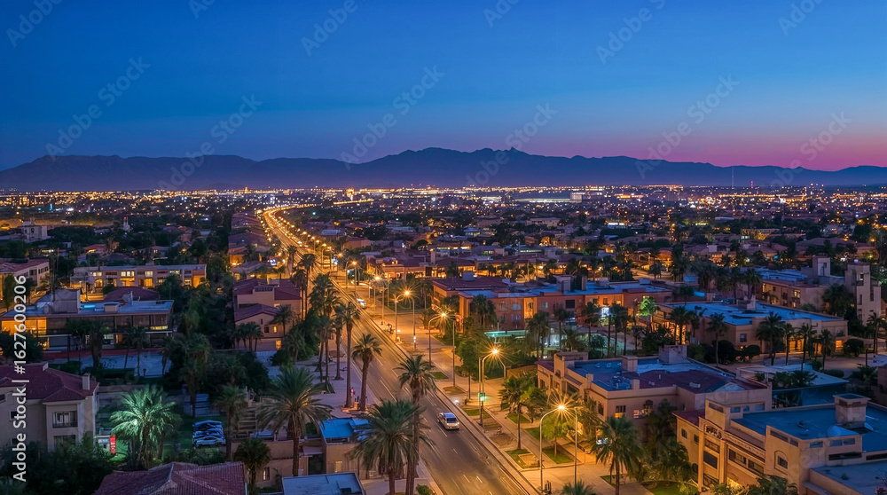 Fototapeta premium An aerial view of a city skyline at dusk, with mountains in the background and streetlights illuminating the palm-lined roads and buildings.