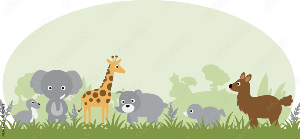 Naklejka premium Cute cartoon animals in a grassy savanna setting. Child-friendly illustration of an elephant, giraffe, bear, deer, and duckling standing together in a peaceful, stylized landscape.