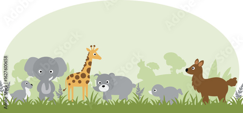 Cute cartoon animals in a grassy savanna setting. Child-friendly illustration of an elephant, giraffe, bear, deer, and duckling standing together in a peaceful, stylized landscape.