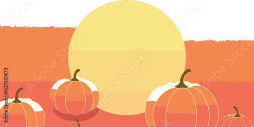 Autumnal pumpkin graphic design with seasonal color palette. Three pumpkins in a layered, flat design, positioned against a warm sunset gradient background.