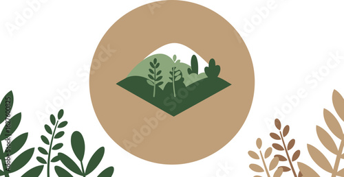 Abstract landscape graphic design with muted color palette. Simple, stylized depiction of a peaceful natural scene with layered shapes.