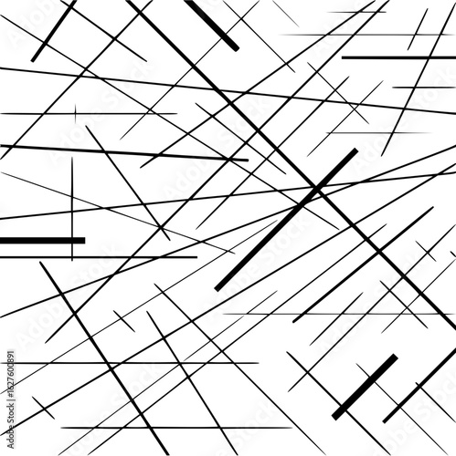 A chaotic arrangement of black lines of varying thicknesses intersecting on a white background creating a dynamic pattern