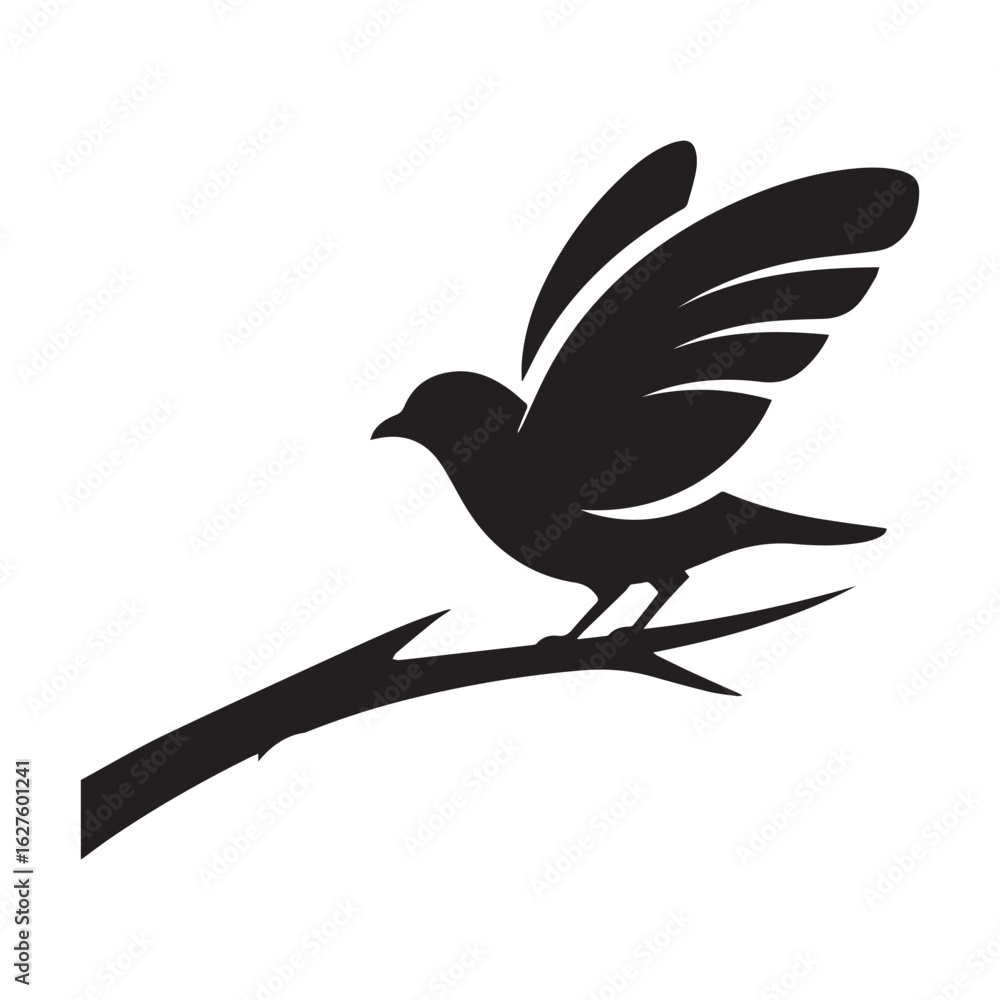 Fototapeta premium A black and white line drawing of a stylized bird perched on a slender branch.