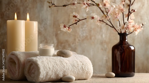 Serene spa scene with candles towels and flowers