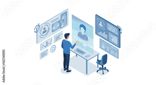 Isometric technology concept with virtual reality interface and data analysis