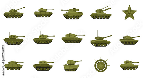 Military tanks in various angles and camouflage colors with stars and emblems