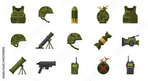 Military equipment icons set: camouflage helmets and tactical gear for defense design