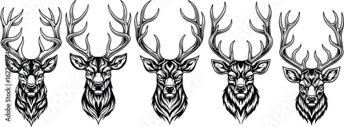Deer head silhouettes, antler design set, black wildlife icons, symmetrical deer illustration, frontal animal view, forest creature artwork