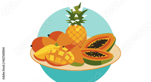 A colorful display of tropical fruits in various stages of ripeness and preparation. Fresh fruit arranged artfully on a light-colored plate against a teal backdrop.