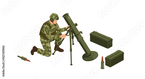 Soldier operating modern mortar in isometric art with military gear