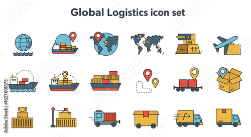 Global logistics icon set featuring shipping, delivery, and transportation symbols in flat style