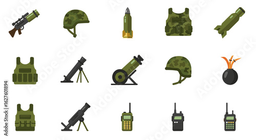 Military equipment icons: helmets, vests, radio, and weaponry collection