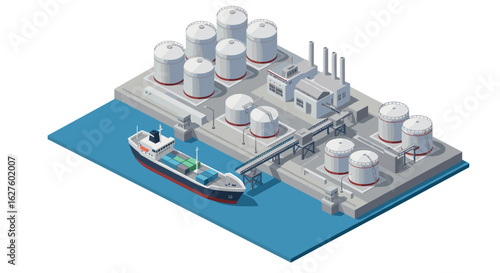 Isometric cargo port with oil tanks and container ship on the water