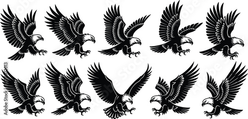 Eagle silhouette set, black and white bird illustrations, flying and attacking poses, fierce talons, majestic raptor vector design