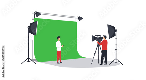 Professional photography studio setup with green screen and lighting equipment