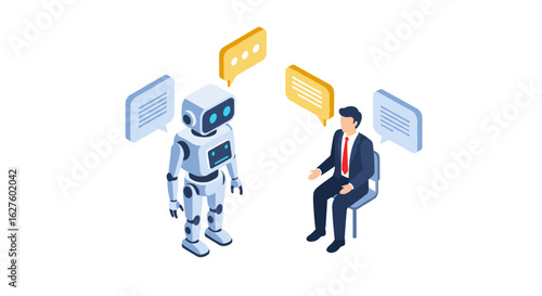 Business discussion with humanoid robot and professional man in isometric style