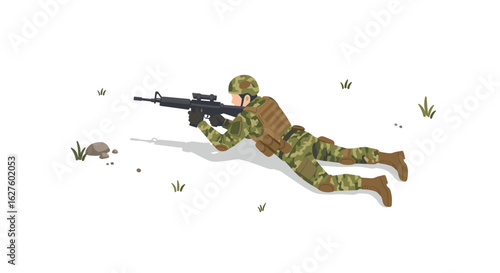 Soldier in camouflage crawling with rifle on ground in detailed flat design