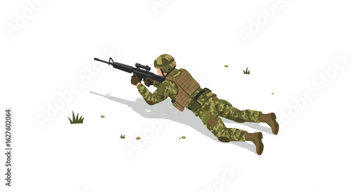 Camouflage soldier in prone position with rifle on white background