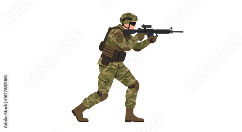 Soldier in tactical gear aiming a rifle in camouflage