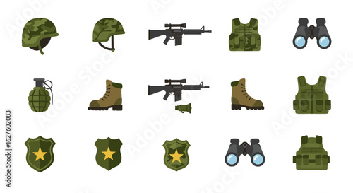 Military equipment icons set featuring army gear and weapons in flat design