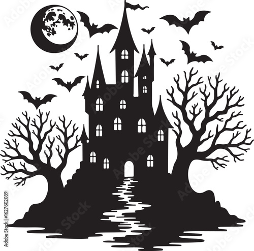 Spooky haunted castle with bats and full moon silhouette