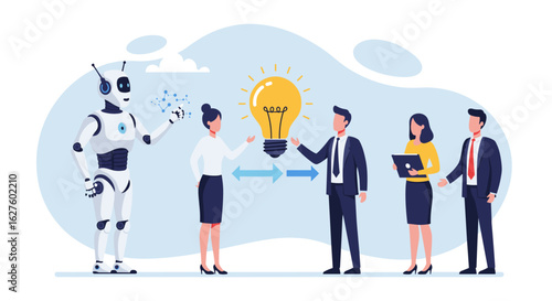 Futuristic collaboration between robot and business team for innovative solutions