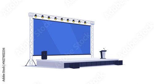 Outdoor stage setup with large blue screen and microphone stand