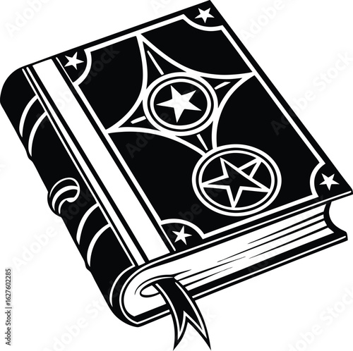 Magic Spell Book Vector Illustration – Mystical Grimoire with Stars and Moon for Witchcraft, Fantasy, and Occult-Themed Designs