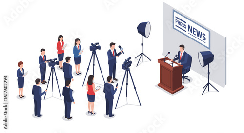 Isometric press conference with reporters and news cameras in a studio