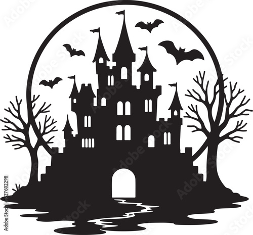 Spooky haunted castle silhouette with bats and creepy trees