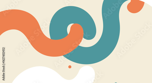 Abstract organic shapes in muted teal, coral, and lavender hues on a cream background. Intertwined flowing forms create a tranquil, modern design.