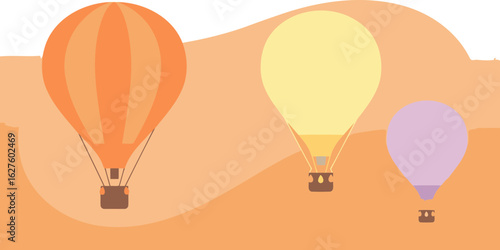 Colorful hot air balloons floating in a warm, inviting sky. Three hot air balloons in various colors, orange, yellow, and purple, soaring in a pastel orange/peach background.