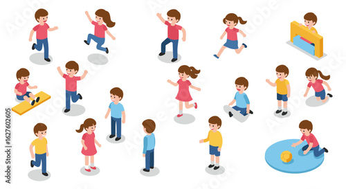 Isometric kids playing: diverse activities and games in playground setting